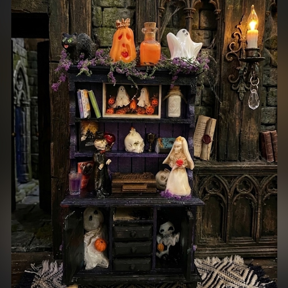 Halloween Miniature Display Shelf with Orange & Purple Holiday Figures